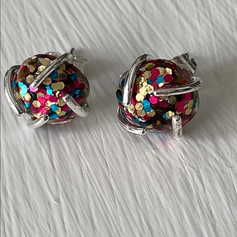 Handmade Multicolor Confetti Glitter Ball Stud 925 Sterling Silver Earrings